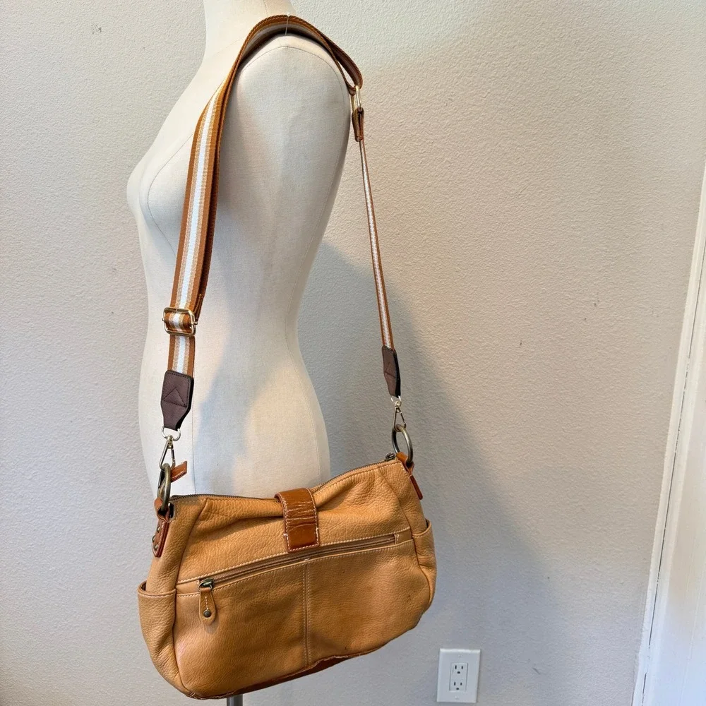 Luce Tan Pebbled Leather Crossbody Bag Multi Pocket Striped Strap Shoulder Bag